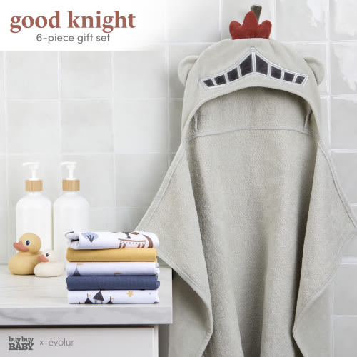 buybuy BABY by Evolur Good Knight 6 pc Gift Set - Hooded Towel & 5pc Wash Cloths, Knight Print