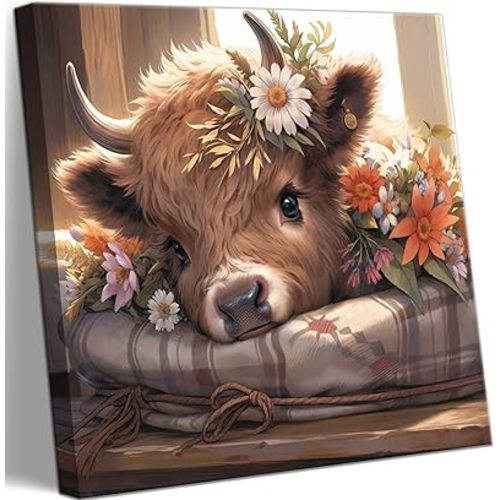 LOXXRGT Cute Highland Cow Baby Canvas Wall Art Rustic Farmhouse Daisy Print Wall Decor Picture Amiable Baby Calf Poster Home Decoration Aesthetics forAny Scene Such As Bedroom and Living nursery Room - canvas - 12inx12in