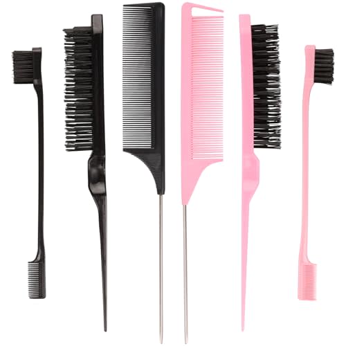 6 Pack Hair Styling Comb Set - 2 Slick Back Brushes, 2 Edge Control Brushes & 2 Rat Tail Combs for Parting, Controlling Flyaways & Smoothing Baby Hair (Black & Pink)