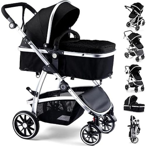 Baby Stroller, 2-in-1 Reversible Toddler seat with Bassinet Mode, Foldable Infant Stroller with Canopy, One Button Brake, Adjustable Handle, Newborn Pushchair(Black)