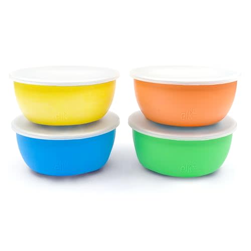 Elk and Friends Stainless Steel Bowls + Silicone Sleeve and Storage Lid | Baby, Toddler, Kids | Cereal & Snack Bowls | Storage Containers | Dishwasher Safe | 4 Pack