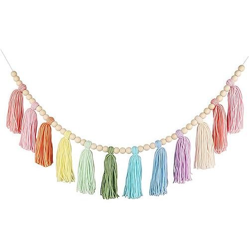 Rainbow Tassel Garland for Kids Room Classroom Bedroom Nursery Home Decoration Colorful Wall Hanging Garland Party Baby Shower Boho Tassel with Wood Decor Decorative Banner Pastel Beads