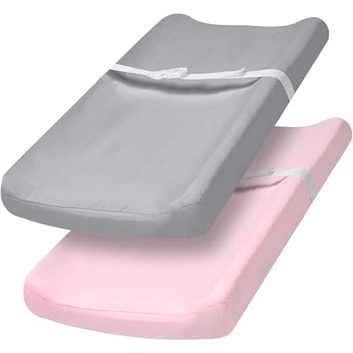PHF Baby Changing Pad Covers for Baby Girls, 2 Pack Ultra Soft Breathable Microfiber Changing Pad Table Sheets for Most Baby Changing Pads, Grey & Pink