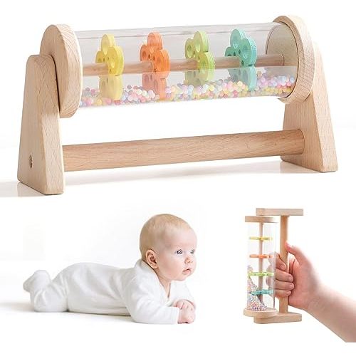 IEATFO Rain Stick Toy with Stand - Sensory Sound Training Tool for Kids, Tummy Time Musical Instrument for Infant Development | Rainmaker with Wooden Base, Clear Tube, Colored Flower Discs and Beads
