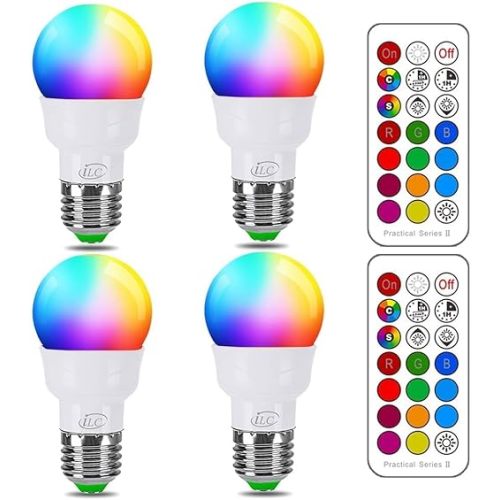 ILC RGB LED Color Changing Light Bulb, 40W Equivalent, 450LM, 2700K Warm White 5W E26 Screw Base RGBW, Flood Light Bulb- 12 Color Choices - Timing Infrared Remote Control (4 Pack)