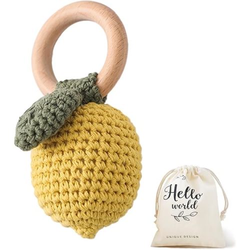 WOODEN TEETHER Crochet Baby Rattle, Crochet Baby Toys, Organic Wooden Newborn Toys, Newborn Animal Rattle Toys,Knitted Stuffed Animals Gifts for Baby, Lemon