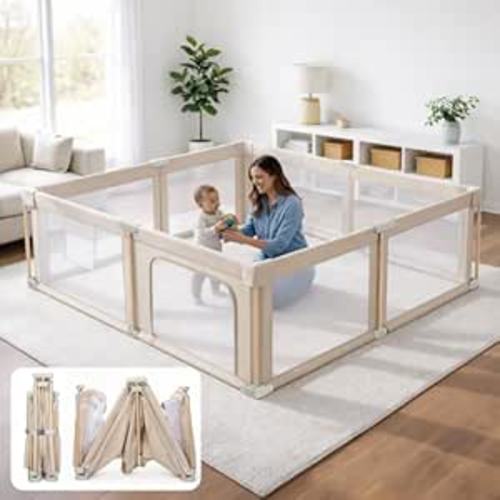 Foldable Baby Playpen with Mat, Foldable Baby Fence Play Yards for Babies and Toddlers, Play Pen with Breathable Mesh and Anti-Fall Pads (71"×59")