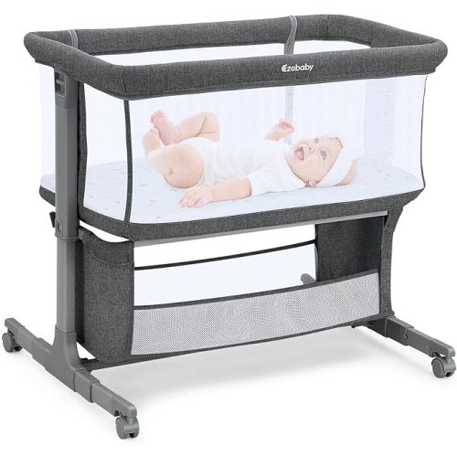 Ezebaby Bedside Bassinet for Baby, Portable Baby Bassinet Bedside Sleeper for Newborn Infants with Wheels Storage Basket, Adjustable 7 Heights and All Mesh Sides