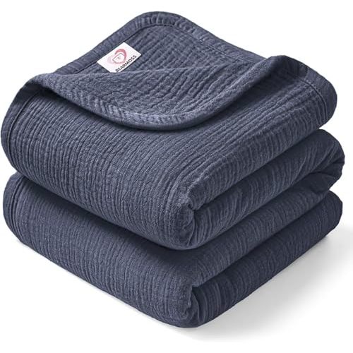 Bearmoss Muslin Baby Blanket, 100% Cotton Crib Blanket for Toddlers, Soft Breathable Reversible Nursery Blankets for Baby Boys Girls (47x47in, Navy Blue)