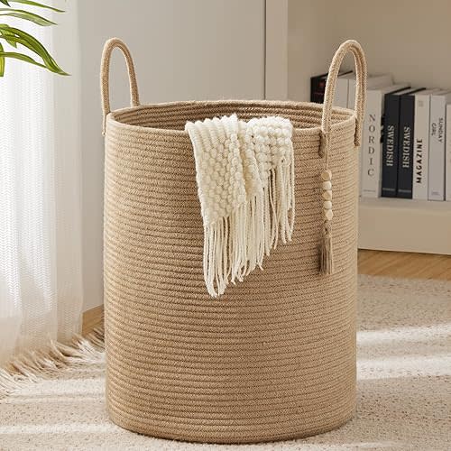 Jute Rope Laundry Hamper Basket, 72L Tall Woven Collapsible Baskets for Blanket Organizing Clothes Hamper for Laundry Room Storage