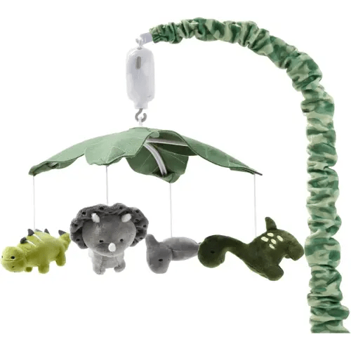 The Peanutshell Crib Mobile for Boys or Girls - Grey and Green Camo Musical Baby Crib Mobile with 12 Lullabies, Dino Baby Dinosaur Nursery Decor
