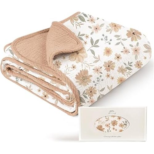 Konssy Muslin Baby Blankets for Girls Boys, 100% Cotton Crib Blanket for Infant Toddler, Super Soft and Lightweight Nursery Swaddling Wrap 40"x36" (Flourish)