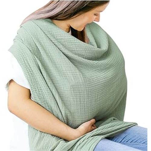 Muslin Nursing Cover Up for Breastfeeding, 100% Soft Cotton Breathable Breastfeeding Cover, Multi-Use Cover for Car Seat Cover, Baby Swaddle & Burp Cloth, 47"x 47", Green
