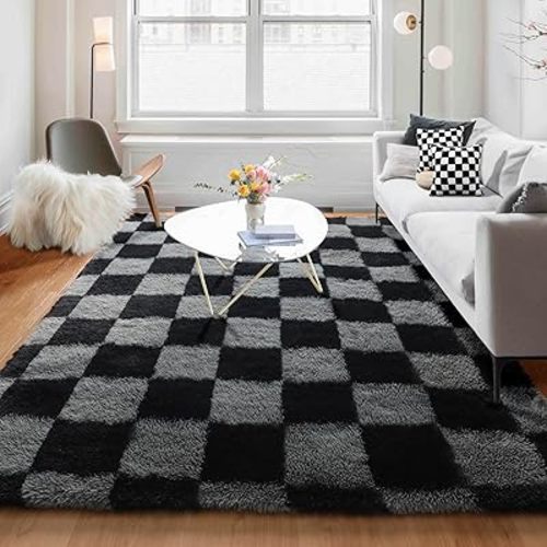 KICMOR Rugs for Living Room 5x7 Black and Grey, Soft Fluffy Checkered Shag Area Rug Furry Shaggy Floor Carpets for Bedroom, Indoor Fuzzy Plush Rug for Teen Kids Boys Girls Room Nursery Home Decor