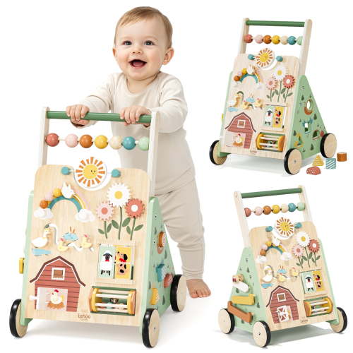 Baby Walker, Wooden Baby Push Walker with Activity Center, Push Walker Toys for Toddler Learning to Walk & Sit-to-Stand, Walking Toys for 1 Year Old