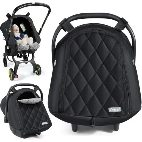 Orzbow Winter Baby Car Seat Cover with Front Zipper Door, Cold Weather Carseat Cover Canopy, Side Breathable, Rain, Snow and Wind Proof Car Seat Carrier Canopy Cover, Machine Washable, Black