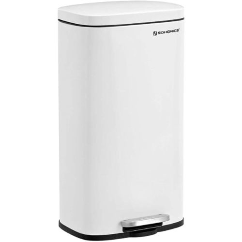 SONGMICS Trash Can with Lid, 8 Gallon Garbage Can, Stainless Steel Small Waste Bin with Step Pedal and Inner Bucket, Soft Close, Kitchen, White ULTB102W01