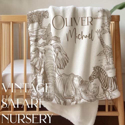 Vintage Safari Nursery Decor Personalized Blanket Gift for New Baby Boy Blanket Safari Baby Shower Gift Toddler Blanket Custom Name Gift Boy