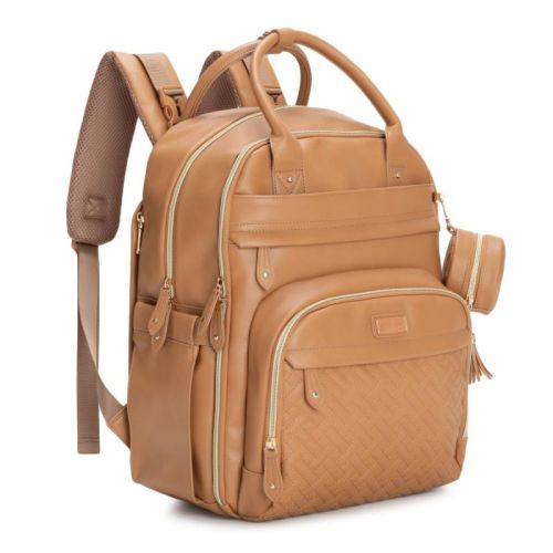 BabbleRoo Premium Vegan Leather Diaper Bag Backpack for Stylish Parents, Spacious Baby Bag, Versatile Baby Diaper Bag, Light Brown, 1 pc Pañaleras