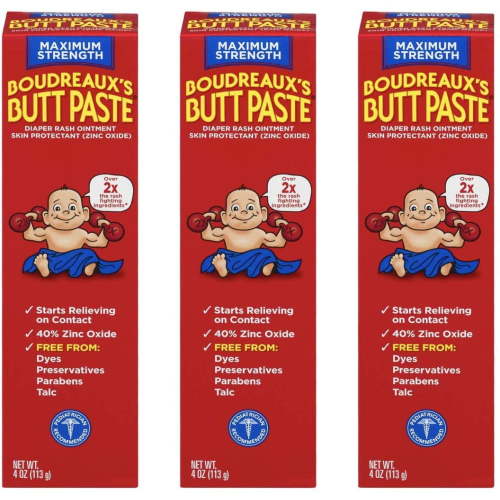 Boudreaux's Butt Paste Maximum Strength, Baby Diaper Rash Cream, Ointment, 4 oz, 3 Pack