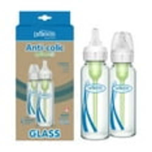 Dr. Brown's Natural Anti-Colic Glass Baby Bottle, 2 Pack, 8 oz with Slow Flow Nipple, 0m+