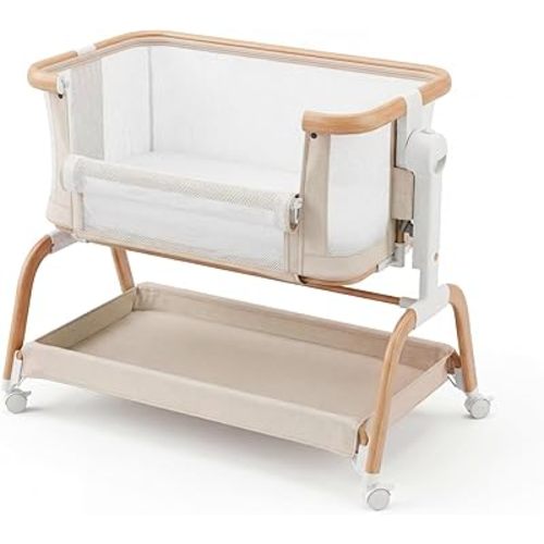 3 in 1 Baby Bassinet,Rocking Bassinets Bedside Sleeper with 6 Adjustable Heights,Breathable Full-Mesh,Comfortable Mattress & Lockable Wheels,Stable Rolling Portable Crib for Newborns(Beige)
