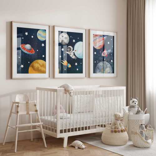 Space nursery wall decor, Galaxy wall art prints, Set of 3 space nursery prints, Planet Nursery Decor, Astronaut nursery prints, boy decor