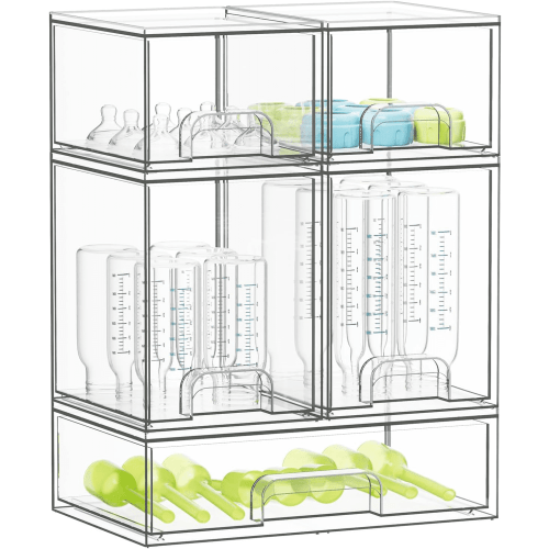 Tooloton Bottle Storage Organizer Baby - Acrylic Bottles Station Organizer Container, Stackable Clear Drawers for Countertop, Vanity, Bathroom, Cabinet, Pantry Organization, 5 Pack, 2S2M1L, 15.4" H