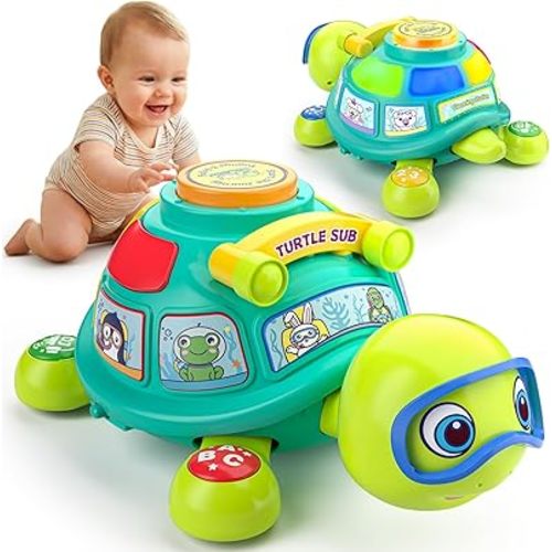 Vahome Musical Crawling Turtle Toy for Babies 3–12 Months, Light-up Educational Baby Toy for 6 7 8 9 10-12 Month Old Boy Girl, Bilingual Development Infant Gifts for 3 4 5 6-12 Months (Green)