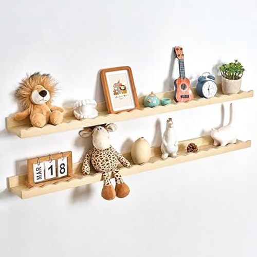Fun Memories Picture Ledge Shelf for Wall, 48 inch Pine Wood Nursery Book Shelves Set of 2- Wall Book Shelves for Kids Room, Home Decor - Kitchen Spice-Natural