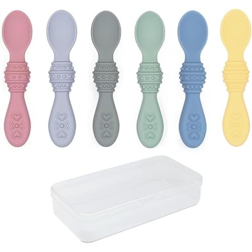 Elk and Friends Silicone Baby Spoons | Travel Case Included | First Stage Infant Toddler Spoon | Baby Led Weaning Stage | Dishwasher Safe