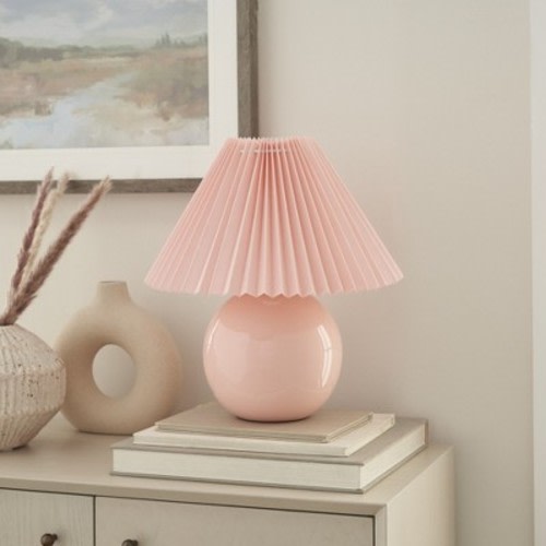 Nourison 13" Ceramic Round Accent Lamp with Pleated Shade, Color: Pink