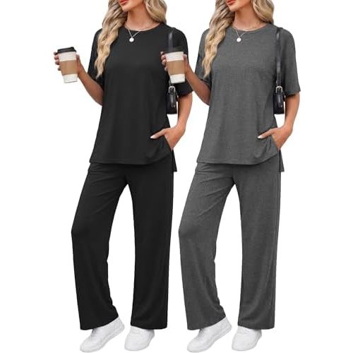 Ekouaer 2 Packs Lounge Sets for Women Short Sleeve Top Long Pants Set Soft Comfy Loungewear Casual Maternity Outfits