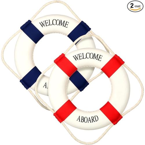2 Pcs Lifebuoy Wall Hanging Decor Large Life Preserver Ring Decorative Welcome Aboard Mediterranean Style Decoration Nautical Pool Safety Ring