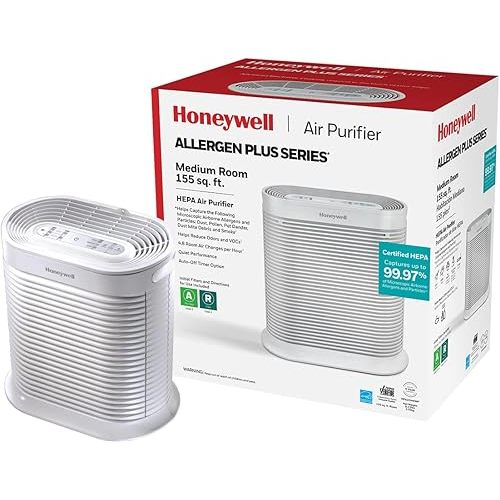 Honeywell AllergenPlus HEPA Air Purifier, Airborne Allergen Reducer for Medium Rooms, Reduces Allergens, Smoke, Wildfire Smoke, Pollen, Pet Dander and More, White, HPA104