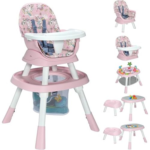 Baby High Chair with Activity Play Center,8-in-1 Convertible High Chairs for Babies and Toddlers with Baby Toys,Table and Chair Set Building Block Table,Highchair for Ages 6-120 Months,Pink