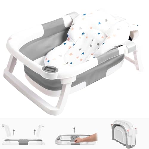 napei Collapsible Baby Bathtub,Baby Bath Tub with Soft Cushion & Thermometer,Baby Bathtub Newborn to Toddler 0-36 Months,Portable Travel Baby Tub,Gray