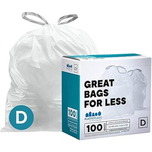 Plasticplace Custom Fit Trash Bags, Compatible with simplehuman Code D White Drawstring Garbage Liners 5.3 Gallon / 20 Liter, 15.75" x 28", 100 Count ( Pack of 1)
