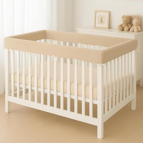 Macardac 4 in 1 Crib Rail Covers for Teething,Soft Breathable Muslin Cover,Crib Rail Guard, Anti-Collision Strip Corner Cover, Crib Teething Cover, Rail Edge Protector Strip, 4 Pcs, Beige