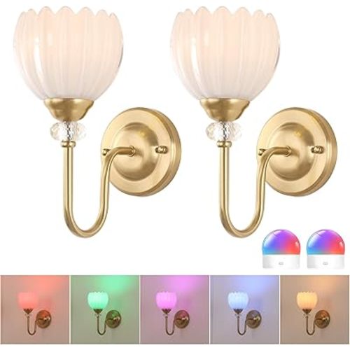 Set of 2 Vintage Battery Operated Wall Sconce, Rechargeable Wall Lamp with 5000mAh Battery & Remote Control, Dimmable Wall Lights with tulip shade for Bedroom Bathroom Living Room, (Tulip White Up)