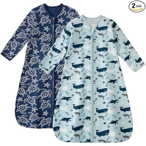 Unnivoll Baby Sleep Sack 0-6 Months 100% Cotton Long Sleeve Wearable Blanket Baby Sleep Bag with 2-Way Zipper 2 Pack 0.5 Tog Sleeping Sack for Newborn Infant Blue Turtle