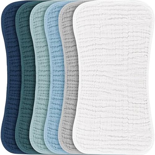 Konssy Muslin Baby Burp Cloths Sets for Unisex- 6 Pack Large 100% Cotton Burping Clothes for Newborn, Baby Girls and Boys - Blue