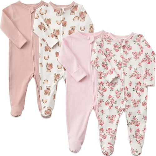Aablexema Baby Pajamas with Mitten Cuffs Zipper 4-Pack Infant Newborn Cotton Long Sleeve Footie Outfit