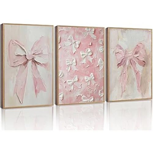 3Pcs Trendy Pink Bow Canvas Wall Art Vintage Cute Preppy Watercolor Bow Painting Pictures Wall Decor Posters Prints Girly Aesthetic for College Apartment Bedroom Decoration Unframed