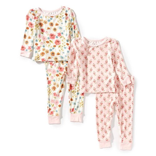 Little Me Baby Girls Long-Sleeve Floral/Printed Bamboo-Blend 4-Piece Pajama Set