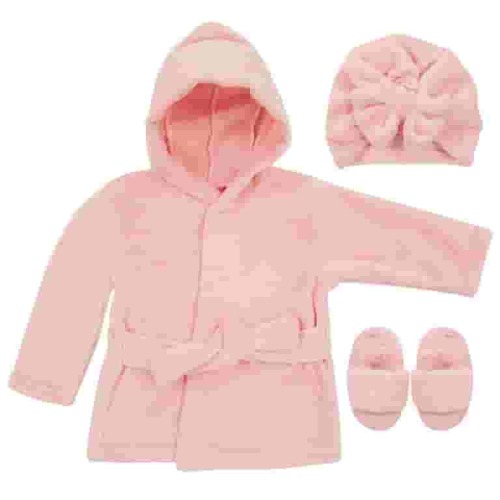 Baby Robe - Soft Plush Bath Towel Robe Spa Set - Baby Bathrobe Towel & Slippers for Boys + Turban for Girls Robe Set (Pink, 0-9 Months)
