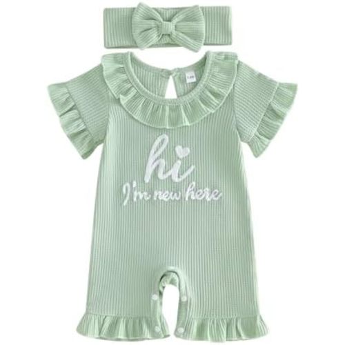 Sejardin Baby Girl Romper Letter Embroidery Newborn Infant Summer Clothes Short Sleeve Ruffle Crew Neck Jumpsuit Headband