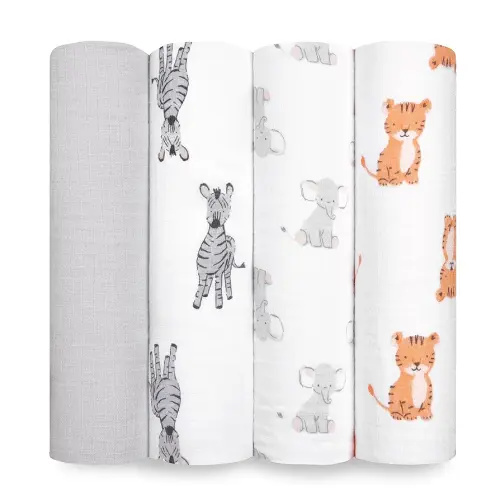 aden + anais Essentials Muslin Swaddle Blankets for Baby Girls and Boys, Newborn Receiving Blanket for Swaddling, 100% Cotton Baby Swaddle Wrap, 4 Pack, Safari Babes