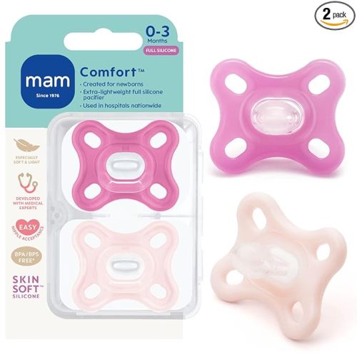 MAM Comfort Baby Pacifier 0-3 Months Specially for Smaller Newborn Mouths, Lightweight One-Piece BPA-Free Silicone, Easy to Clean, Best for Breastfed Babies, 2 Pk, Sterilizer Case, Made in Europe