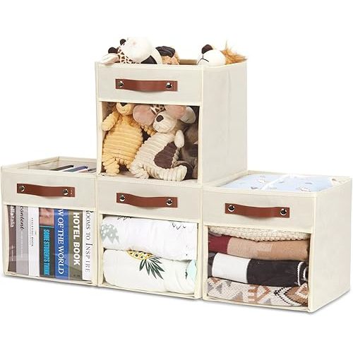 HNZIGE 11 Inch Cube Storage Bin - Fabric Storage Organizer, Clear Canvas Collapsible Cubby for Home (Cream, 4 PCS)